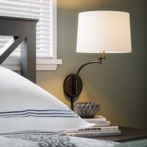 Kenroy Home Seven 20.62'' Dimmable 1-Light Swing Arm Wall Sconce with White Fabric Drum Shade Transitional Wall Light Fixture for Living Room, Bedroom, or Office, Oil Rubbed Bronze