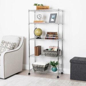 Seville Classics 5-Tier Steel Wire Shelving with Wheels, 30" W x 14" D x 60" H, Chrome Plated