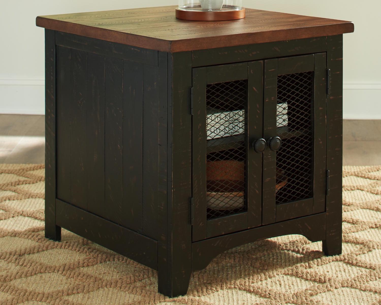 Signature Design by Ashley Valebeck Farmhouse Rectangular End Table with Storage Cabinet - Rustic Two-Tone Black/Brown - Image 2