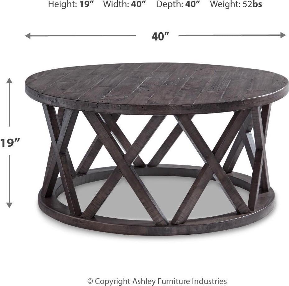 Signature Design by Ashley Sharzane Rustic Round Solid Wood Pine Coffee Table, Weathered Gray Finish - Image 4