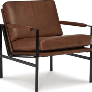 Signature Design by Ashley Puckman Accent Chair, Brown Genuine Leather, Bronze-Tone Metal Frame, Modern Industrial