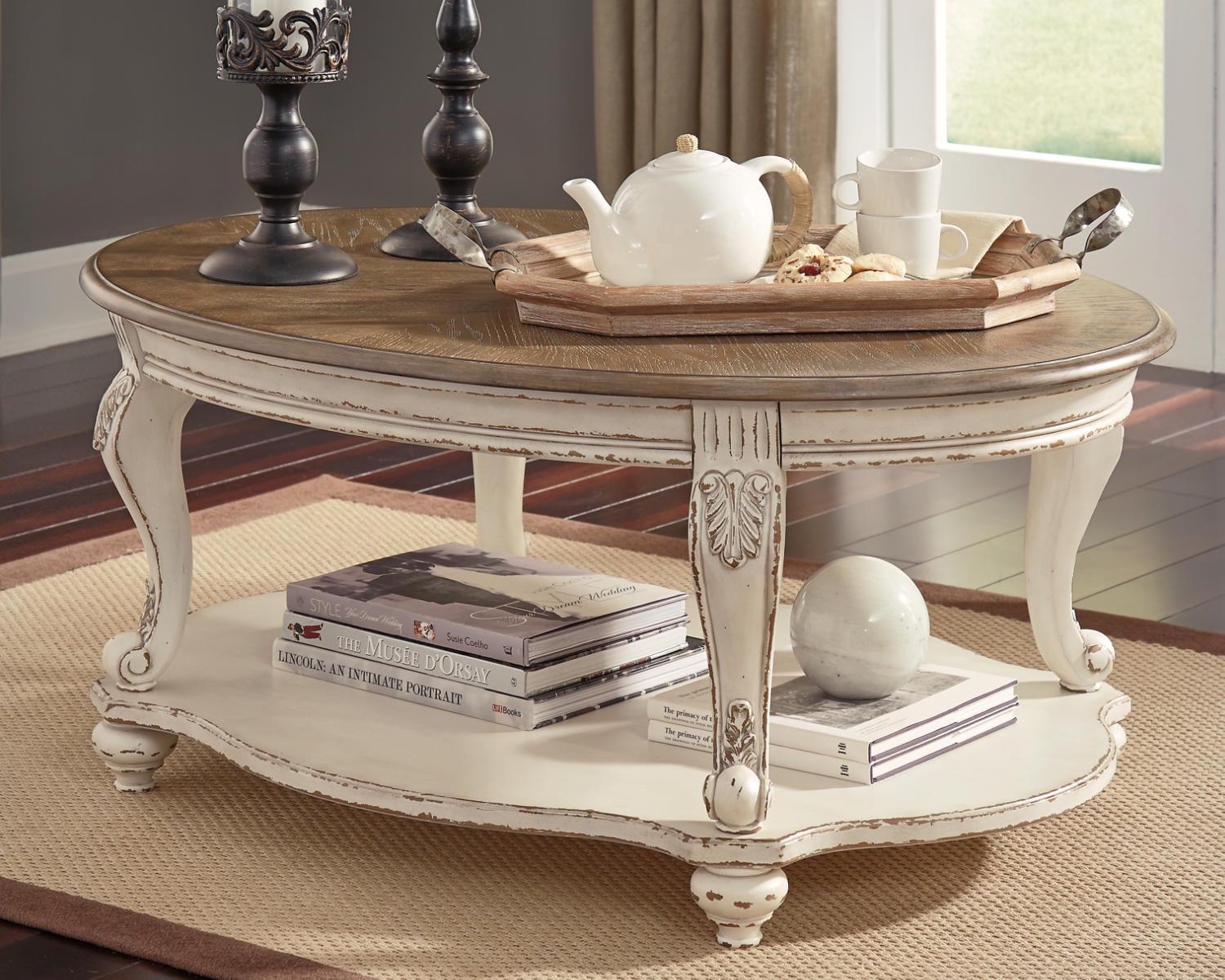 Signature Design by Ashley Realyn White and Brown Farmhouse Style Coffee Table with Storage Shelf - Image 2