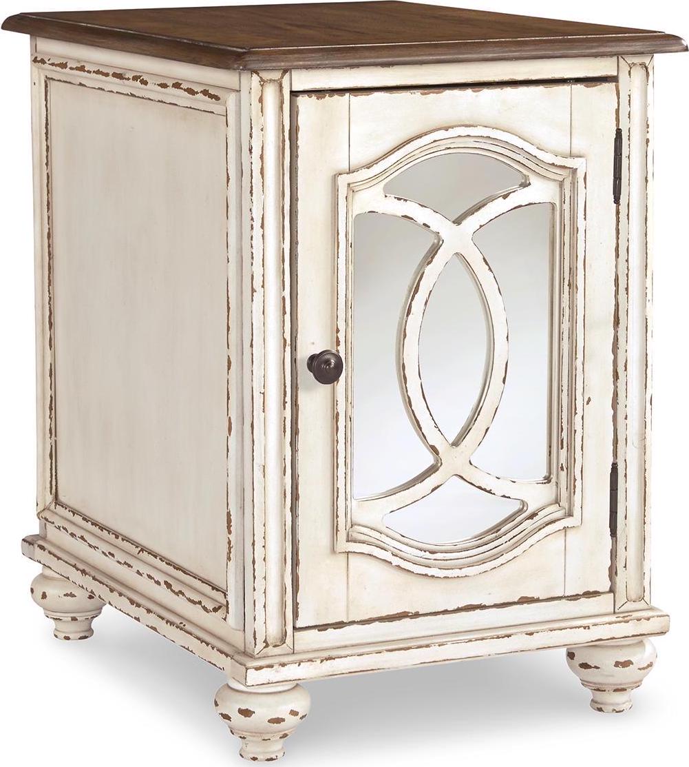 Signature Design by Ashley Realyn Cottage-Style Mirrored End Table in Antique White