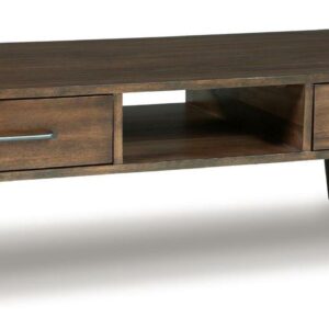 Signature Design by Ashley Calmoni Mid-Century Rectangular Coffee Table with Open Cubby and 2 Storage Drawers, Brown