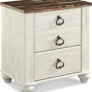 Signature Design by Ashley Willowton Farmhouse 2 Drawer Nightstand with USB Charging Ports, Whitewash