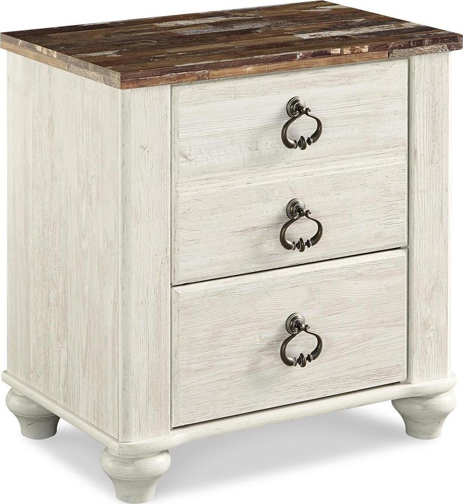 Signature Design by Ashley Willowton Farmhouse 2 Drawer Nightstand with USB Charging Ports, Whitewash
