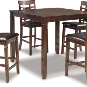 Signature Design by Ashley Bennox 5-Piece Counter Height Dining Set - Brown Wood Table with 4 Faux Leather Bar Stools