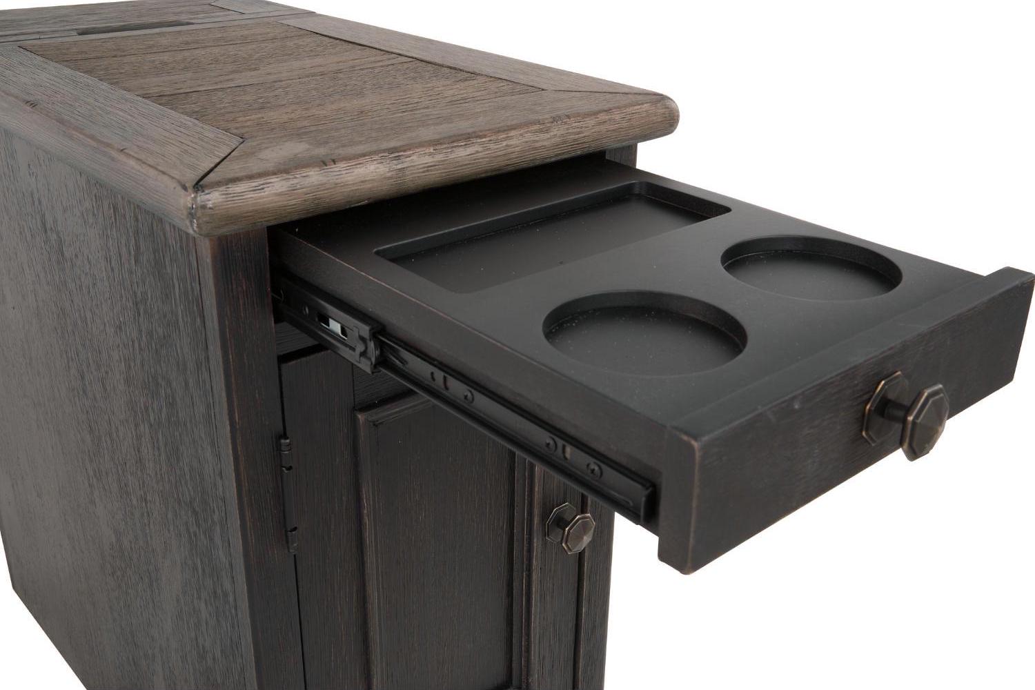 Signature Design by Ashley Tyler Creek Rustic Farmhouse Chairside End Table with USB Charging Ports & Cup Holders - Grayish Brown/Black - Image 5