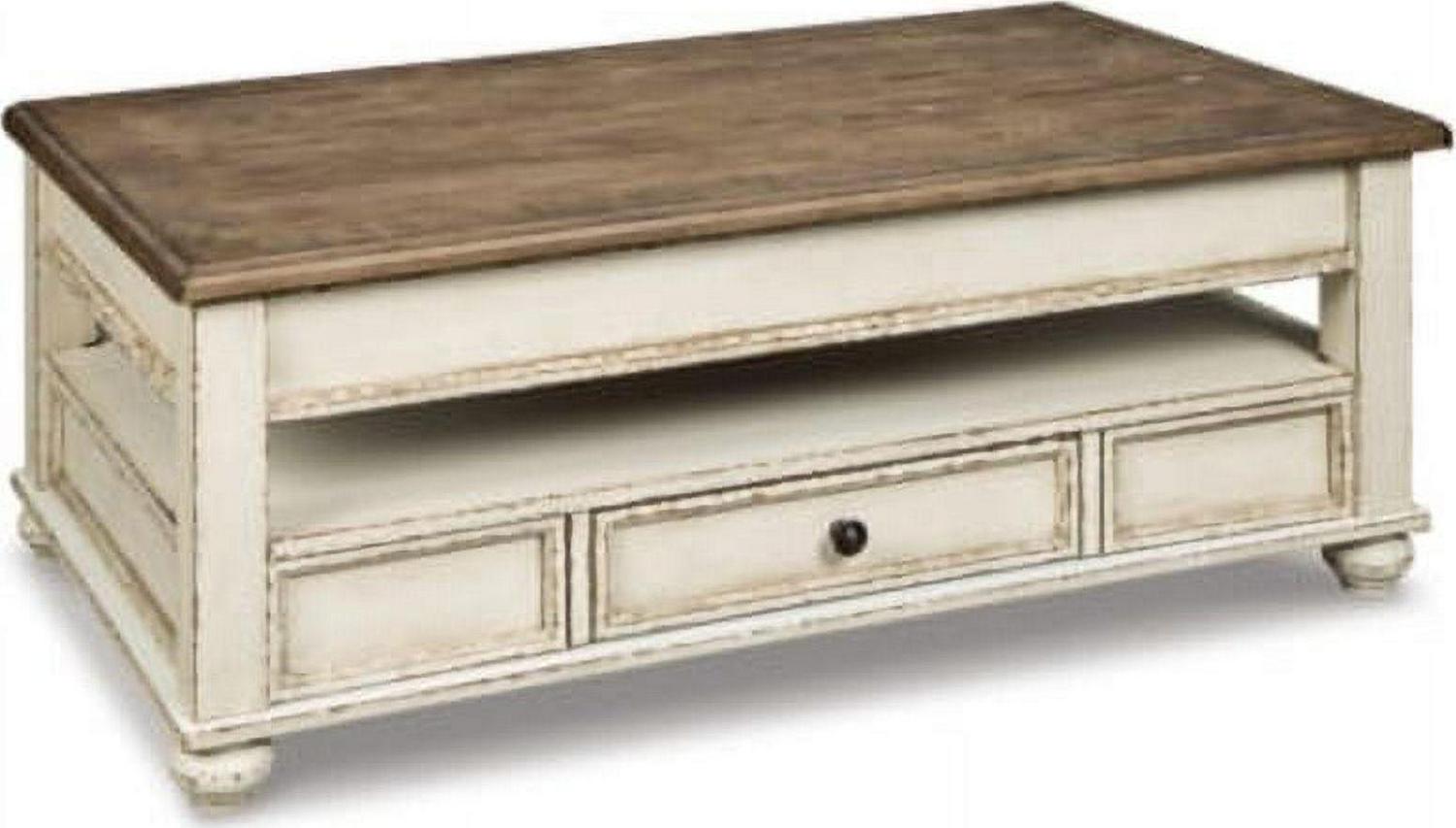 Signature Design by Ashley Realyn Lift Top Coffee Table – Cottage Two-Tone, Chipped White & Distressed Wood, Storage Drawer, Spring-Lift Top