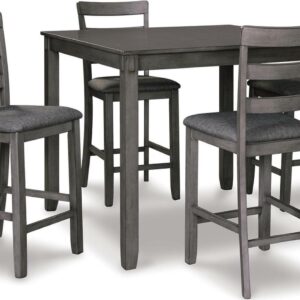 Signature Design by Ashley Bridson 5-Piece Counter Height Dining Set - Gray Wood Table with 4 Upholstered Bar Stools