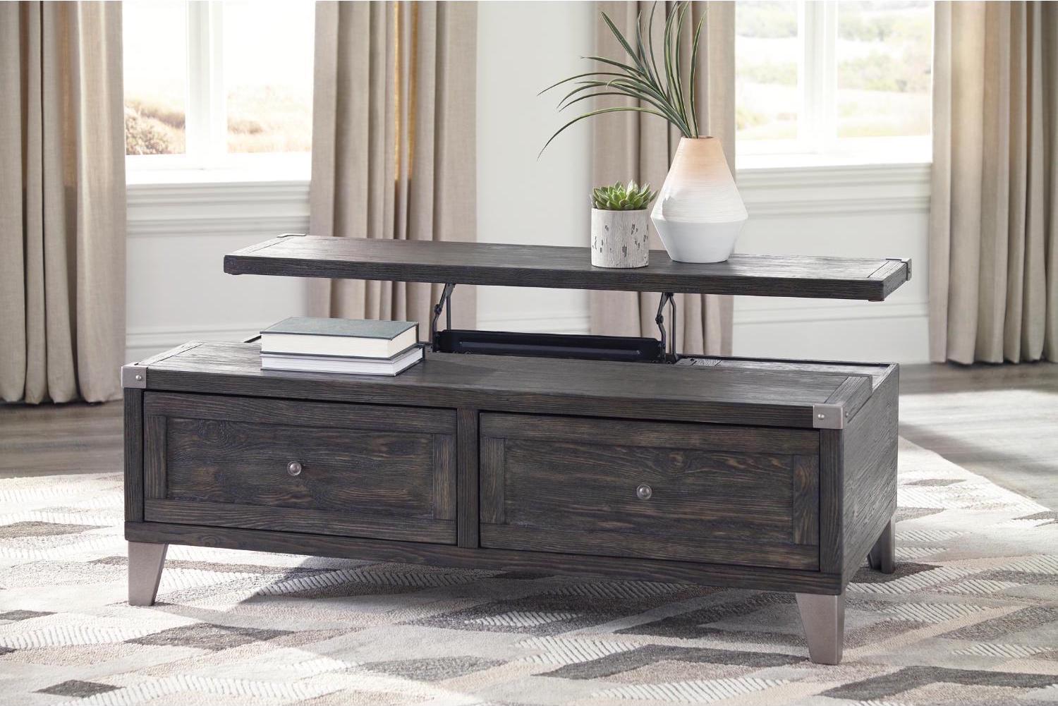 Signature Design by Ashley Todoe Lift Top Coffee Table, Dark Gray Rustic Industrial Cocktail Table with Two Storage Drawers and Removable Trays - Image 3