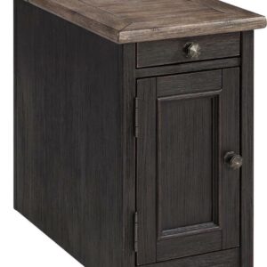 Signature Design by Ashley Tyler Creek Rustic Farmhouse Chairside End Table with USB Charging Ports & Cup Holders - Grayish Brown/Black