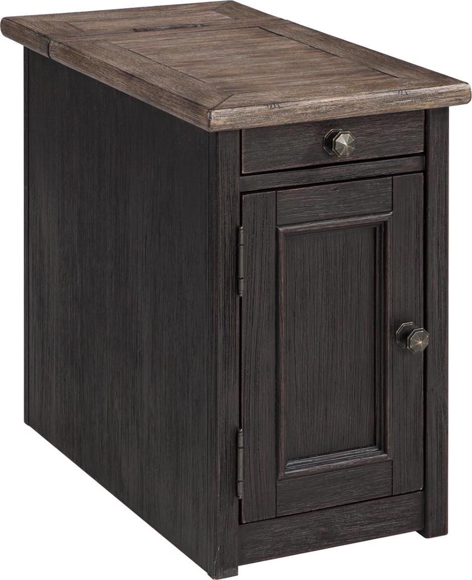 Signature Design by Ashley Tyler Creek Rustic Farmhouse Chairside End Table with USB Charging Ports & Cup Holders - Grayish Brown/Black