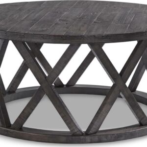 Signature Design by Ashley Sharzane Rustic Round Solid Wood Pine Coffee Table, Weathered Gray Finish