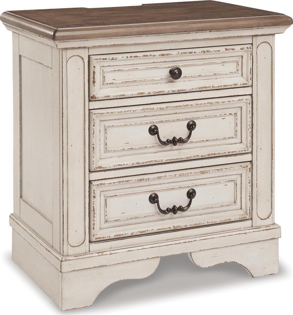 Signature Design by Ashley Realyn French Country 3 Drawer Nightstand with Electrical Outlets & USB Ports, Chipped White