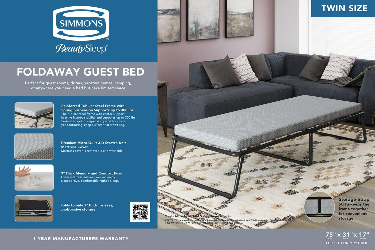 Simmons Beautysleep Twin Size Folding Guest Bed - Easy Storage Memory Foam Mattress with Metal Frame, Washable Cover - Image 9