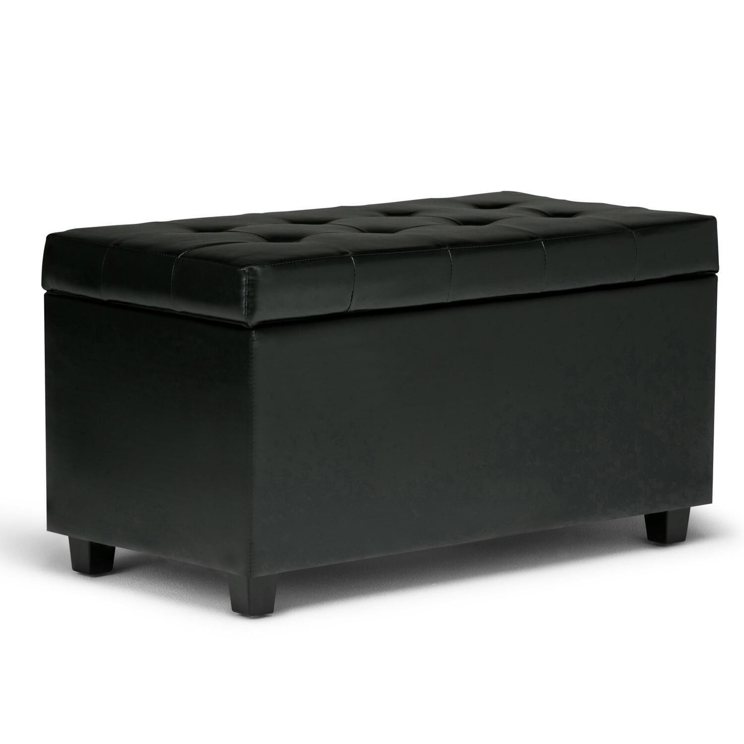 Simpli Home Cosmopolitan 34 in. W Rectangle Storage Ottoman in Midnight Black Faux Leather