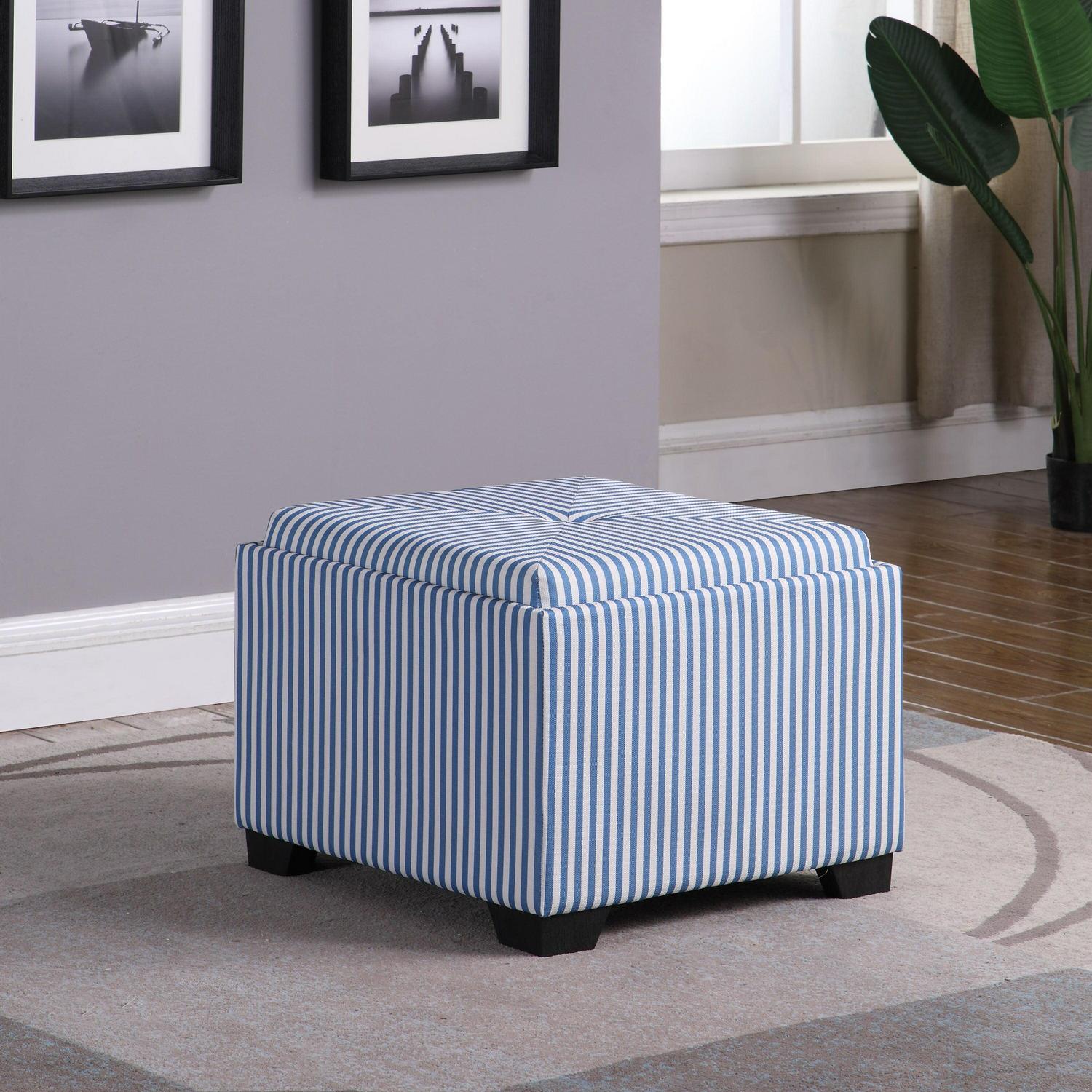 Single Striped Modern Storage Ottoman White, Blue
