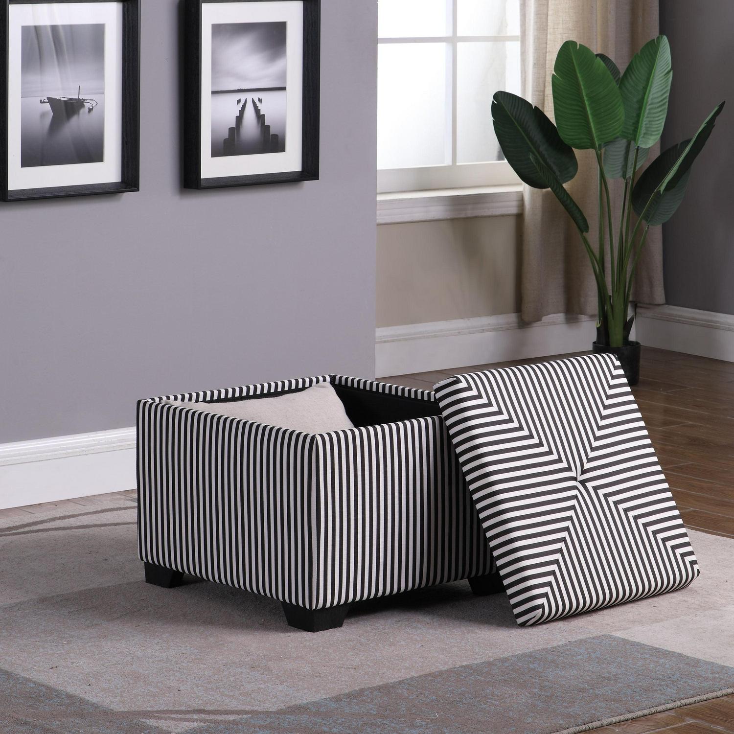 Single Striped Modern Storage Ottoman White, Blue - Image 3