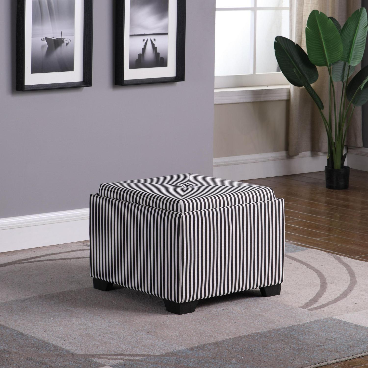 Single Striped Modern Storage Ottoman White, Blue - Image 2