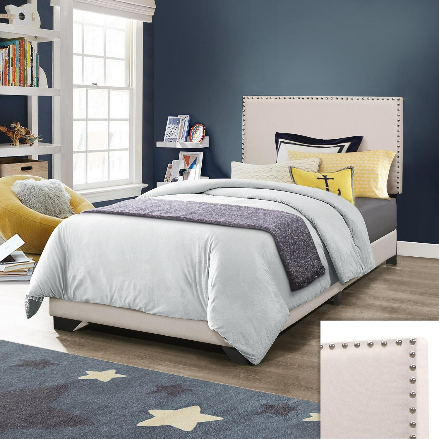 Skylar Nailhead Trim Upholstered Twin Platform Bed, Beige - Image 12