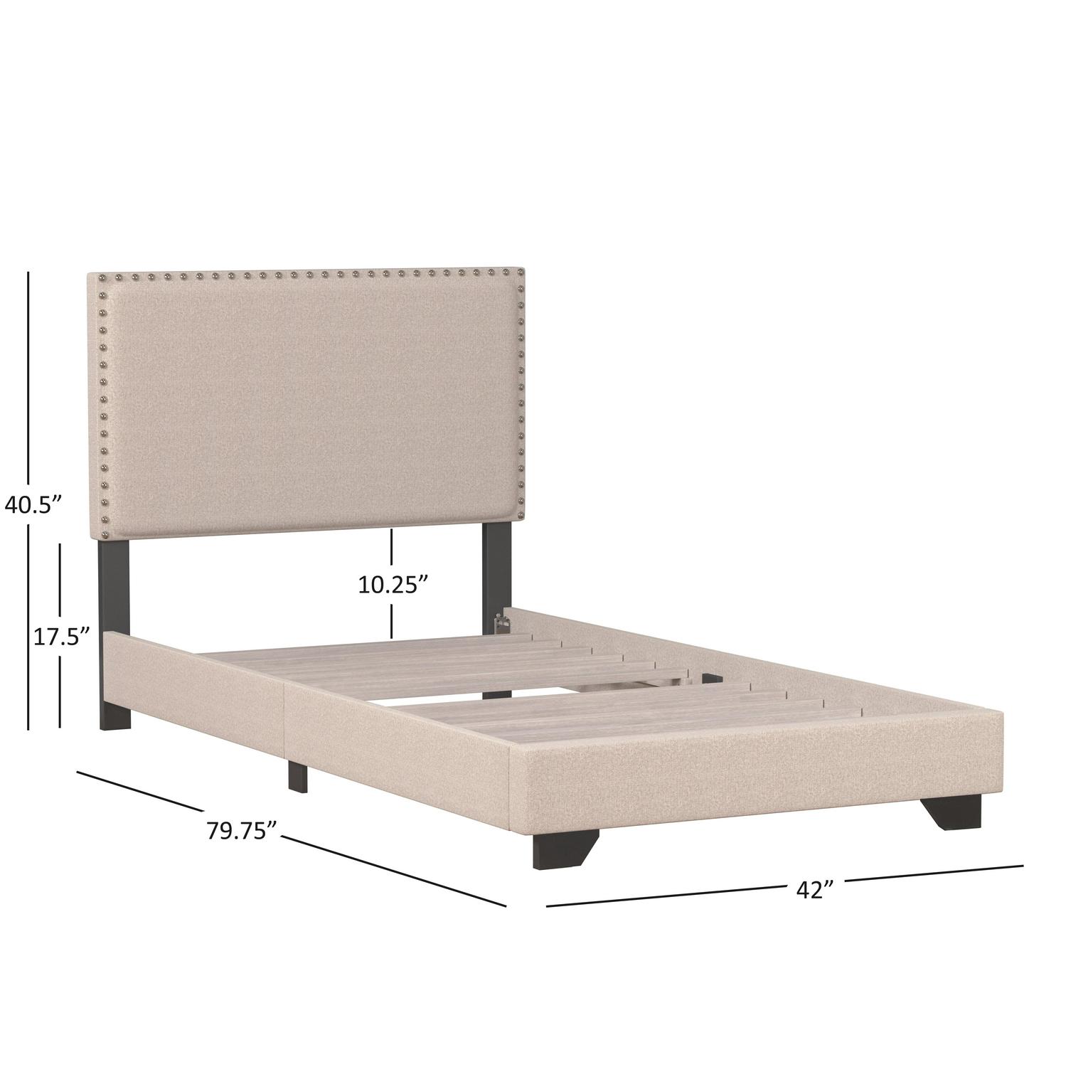 Skylar Nailhead Trim Upholstered Twin Platform Bed, Beige - Image 8