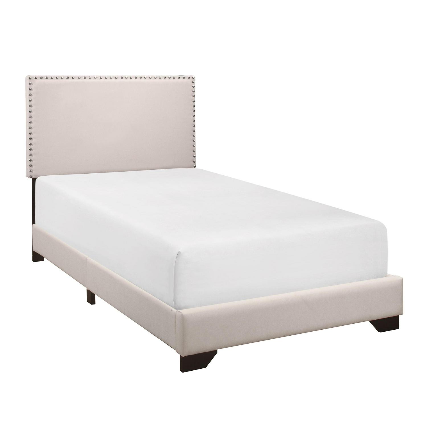 Skylar Nailhead Trim Upholstered Twin Platform Bed, Beige - Image 9