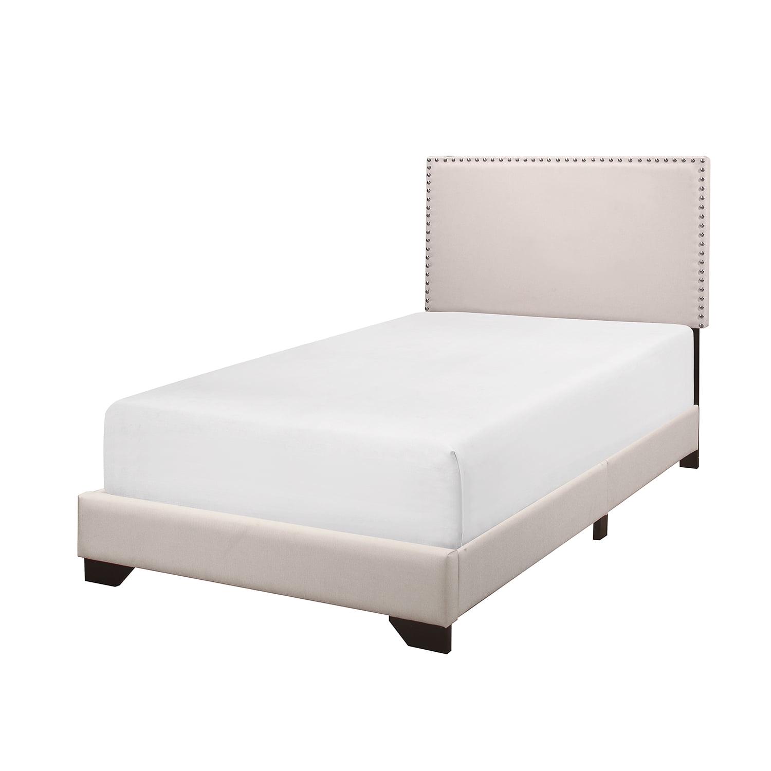 Skylar Nailhead Trim Upholstered Twin Platform Bed, Beige - Image 6