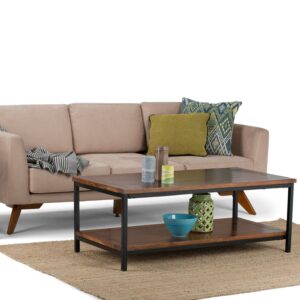 Simpli Home Skyler SOLID MANGO WOOD and Metal 48 inch Wide Rectangle Industrial Coffee Table in Dark Cognac Brown