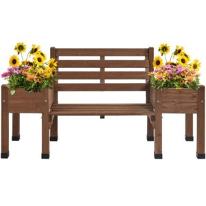 SmileMart 2 in 1 Wood Bench with Double Planter Boxes for Outdoor , 38.5"H , Brown
