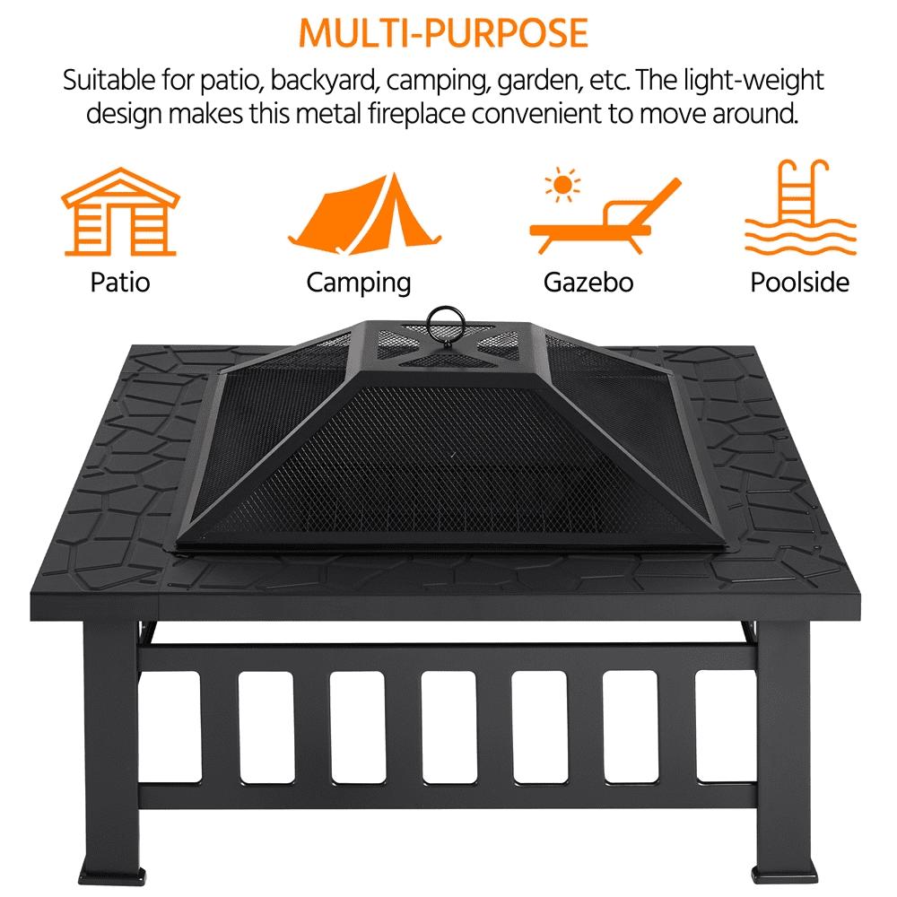 Alden Design 34'' Metal Square Fire Pit Stove Brazier for Graden with Cover & Poker, Black - Image 6