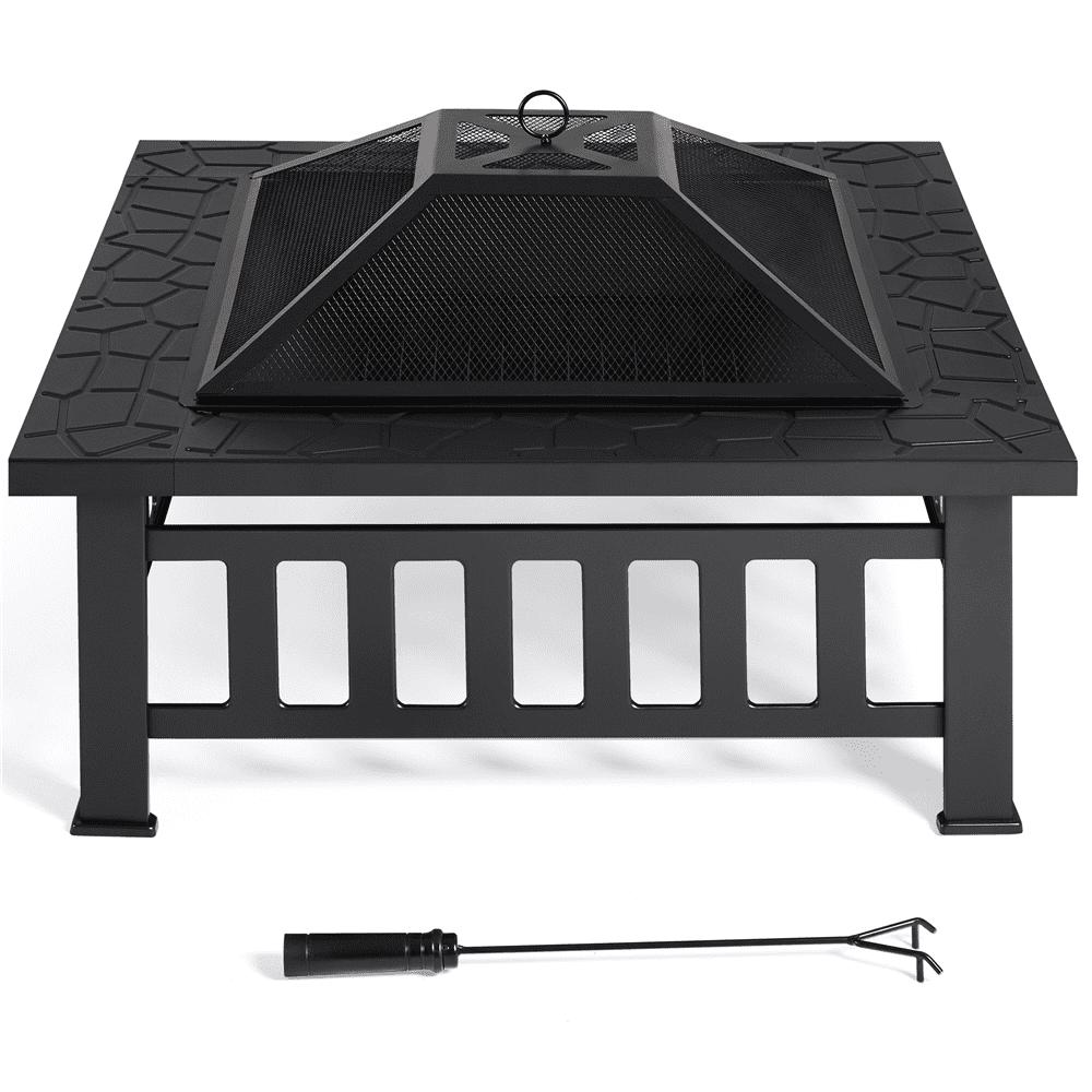 Alden Design 34'' Metal Square Fire Pit Stove Brazier for Graden with Cover & Poker, Black