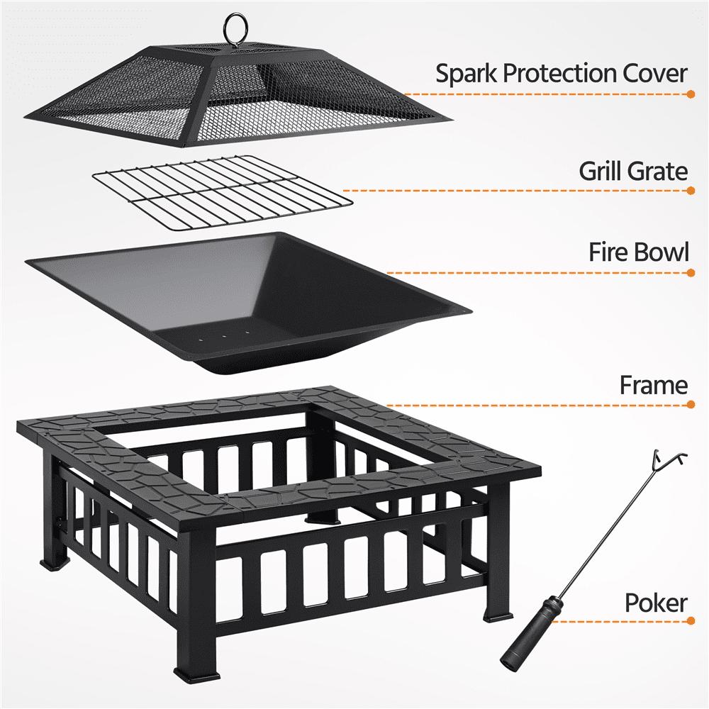 Alden Design 34'' Metal Square Fire Pit Stove Brazier for Graden with Cover & Poker, Black - Image 5