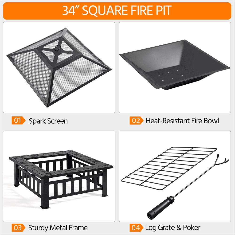 Alden Design 34'' Metal Square Fire Pit Stove Brazier for Graden with Cover & Poker, Black - Image 4