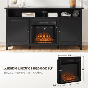 Alden Design 58in Modern Wooden TV Stand for TVs up to 65in and 18in Electric Fireplace Storage with Seperated Shelf & 6 Compartments, Black