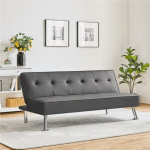 Alden Design Convertible Tufted Faux Leather Futon Sofa Bed with Chrome Metal Legs, Gray