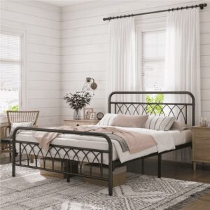 Alden Design Metal Platform Bed Frame with Headboard and Footboard, Queen, Black