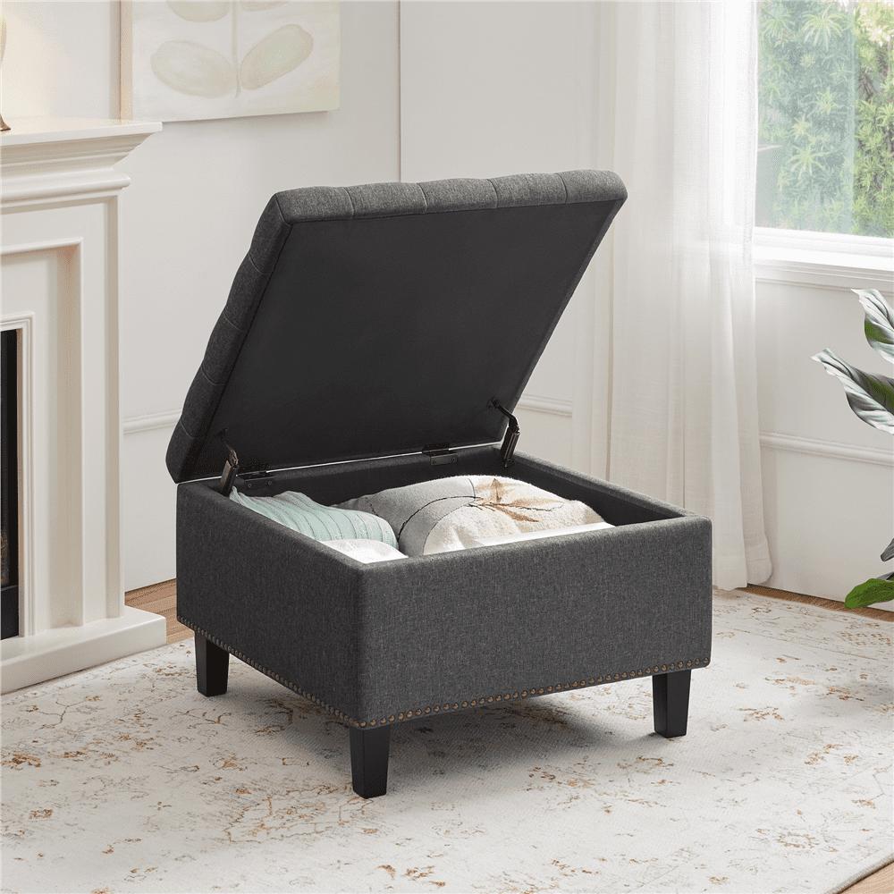 Alden Design Modern Linen-like Storage Ottoman Bench with Button-Tufted for Entryway, Dark Gray - Image 3