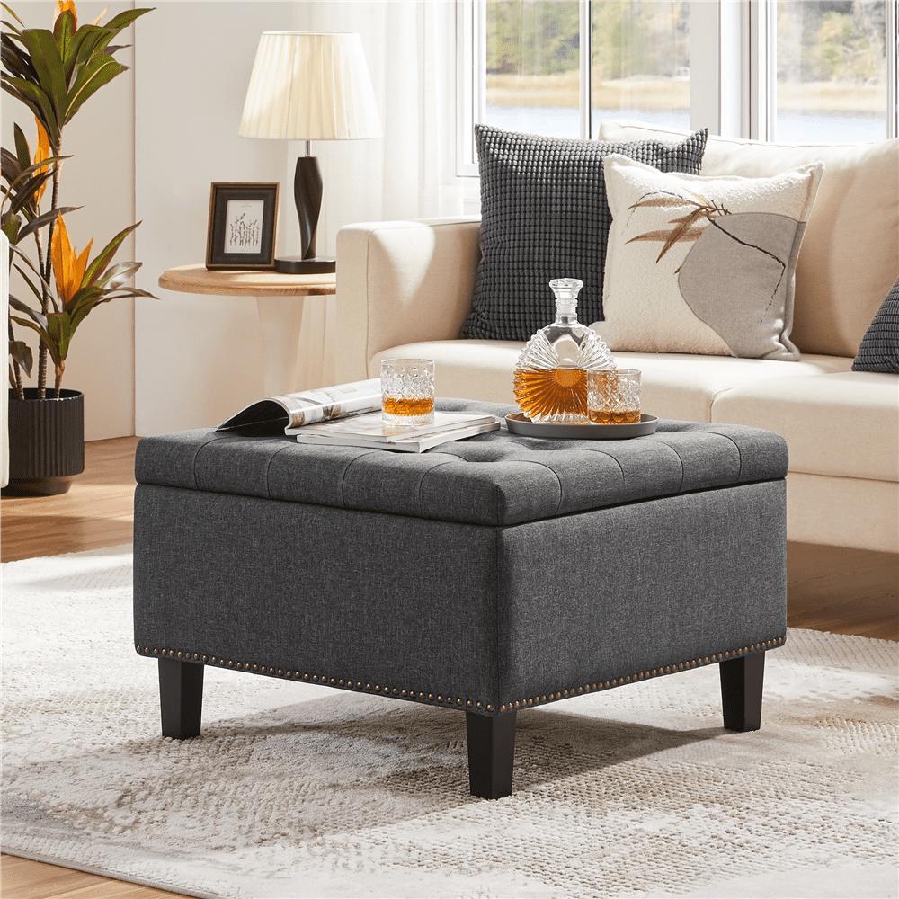 Alden Design Modern Linen-like Storage Ottoman Bench with Button-Tufted for Entryway, Dark Gray - Image 4