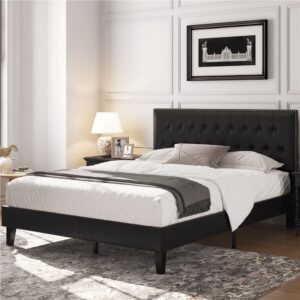SmileMart Vintage Queen Bed with Faux Leather Tufted Headboard for Adult Teen, Black