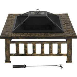 Alden Design 34'' Metal Square Fire Pit Stove Brazier with Cover & Poker for Garden, Bronze