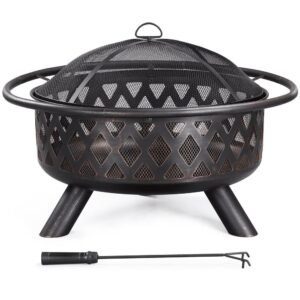 Alden Design Iron Fire Pit with Mesh Screen Poker and Cover for Outdoors, Bronze