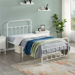 Alden Design Twin Size Metal Platform Bed Frame with High Headboard and Footboard, Adult, White