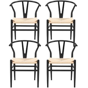Alden Design Mid-Century Metal Dining Chairs with Woven Hemp Seat, Set of 4, Black