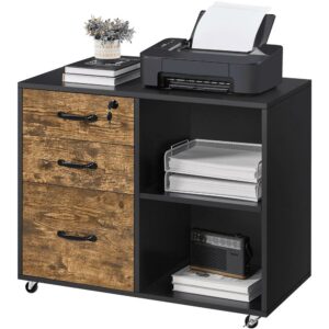 Alden Design Rolling File Cabinet with 3 Drawers, Black/Rustic Brown