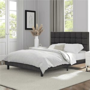 Alden Design Upholstered Tufted Platform Queen Bed, Dark Gray