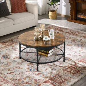 Alden Design Round Coffee Table with Metal Storage Shelf for Living Room , Rustic Brown