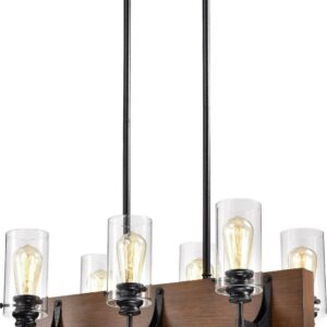 Warehouse of Tiffany Solvyr Forged Black Metal and Wood 6-Light Chandelier with Clear Glass Tube Shades