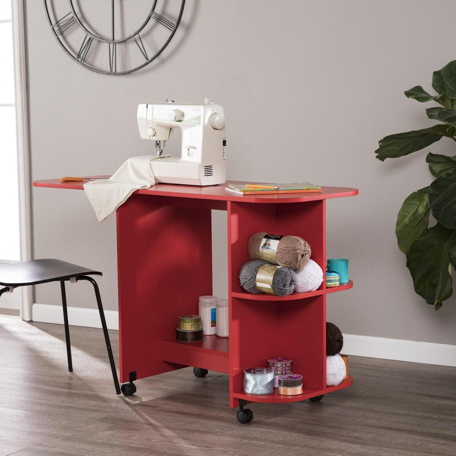 Southern Enterprises Expandable Rolling Sewing Table/Craft Station, Universal Style, Farmhouse Red - Image 24