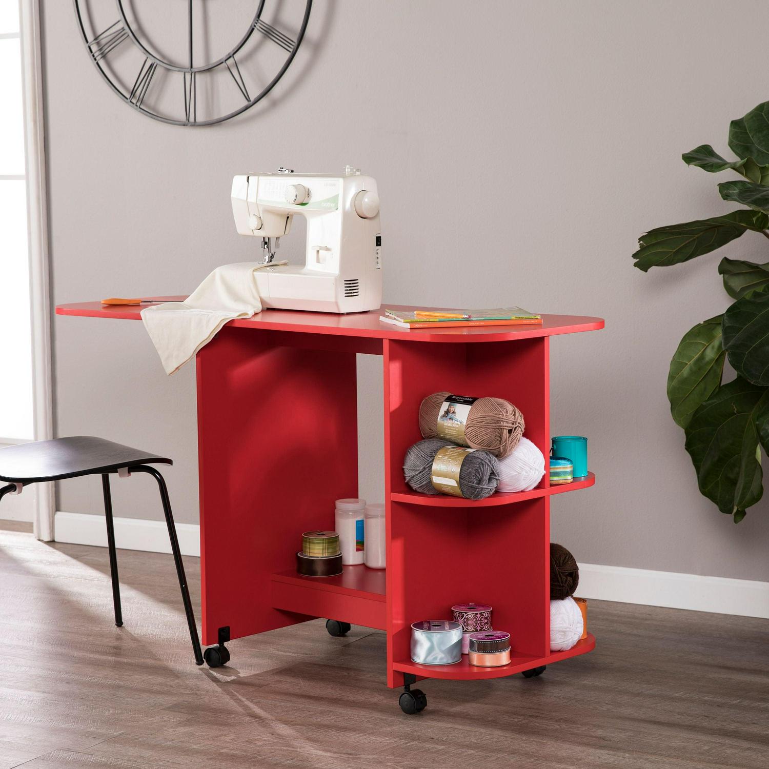 Southern Enterprises Expandable Rolling Sewing Table/Craft Station, Universal Style, Farmhouse Red - Image 2